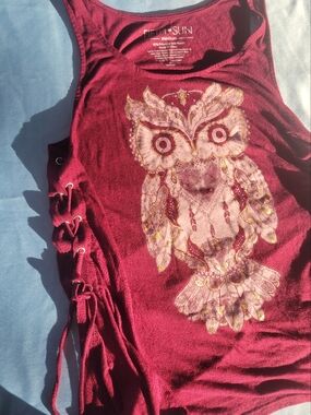 Fifth Sun Medium Burgundy Owl Lace-Up Side Tank Top Summer Boho Indie Red